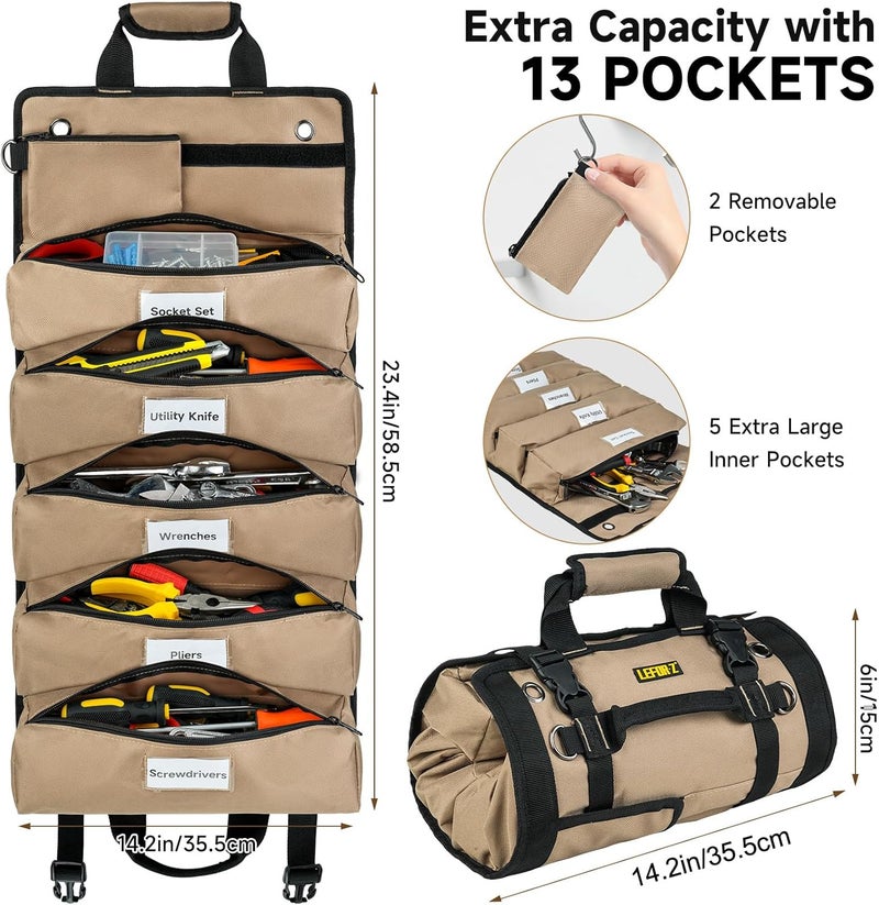 LEFORZ Tool Bag,Large Roll Up Tool Bag Organizer,13 Pockets Tool Roll Storage Pouch,Heavy Duty Portable Tool Storage Carrier Bag for Men,Mechanic,Electrician & Hobbyist,Khaki - Image 3